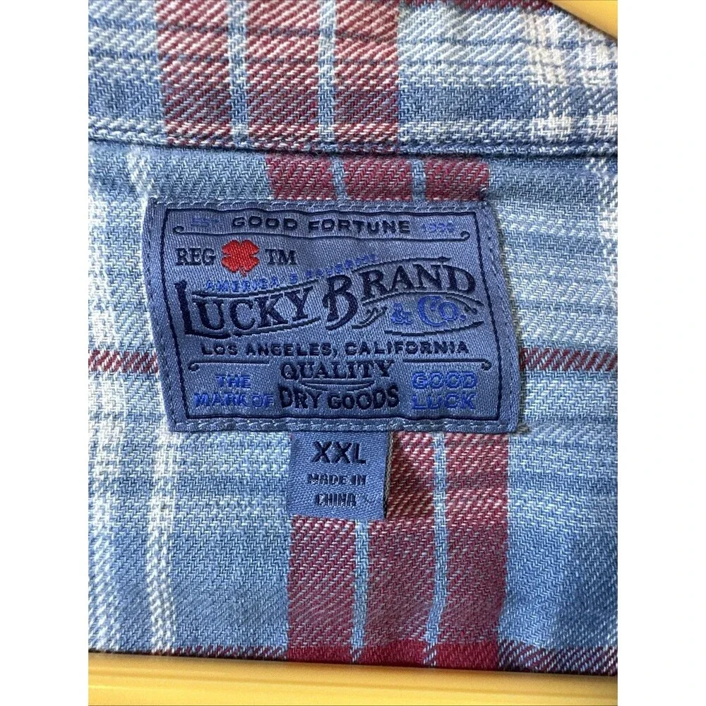 J Crew Men’s Flannel Snap Long Sleeve Short Blue Red White XXL Cotton Fortune